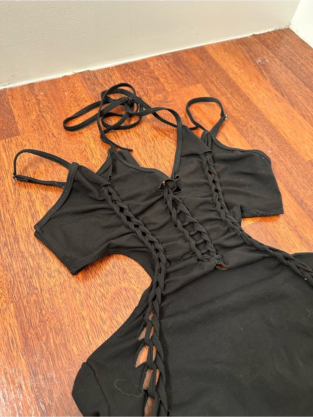 Dolls Kill Darker Waves Shredded Black Cutout Lace-up Bodycon Rave Mini Dress - Picture 10 of 15